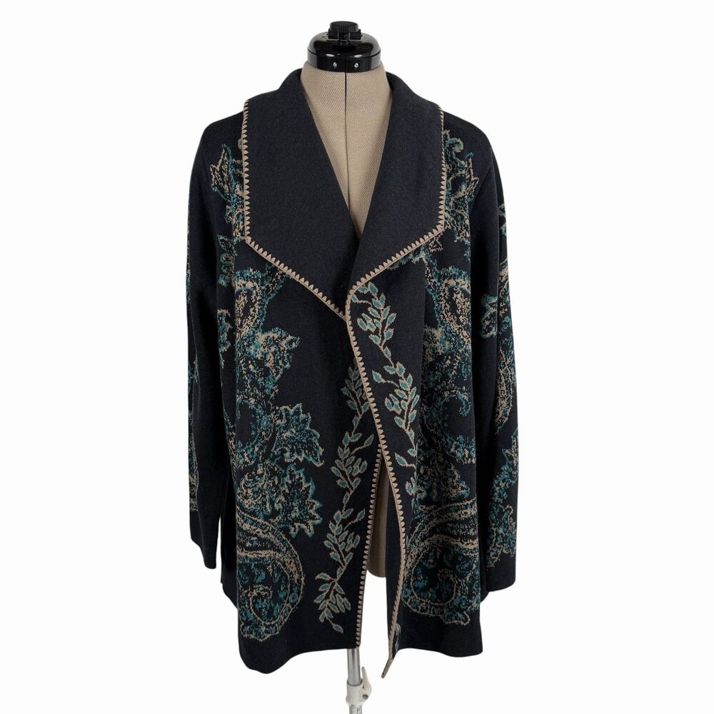 J Jill Cardigan Sweater Womens XL Gray Paisley Blanket Stitch Open Front Boho